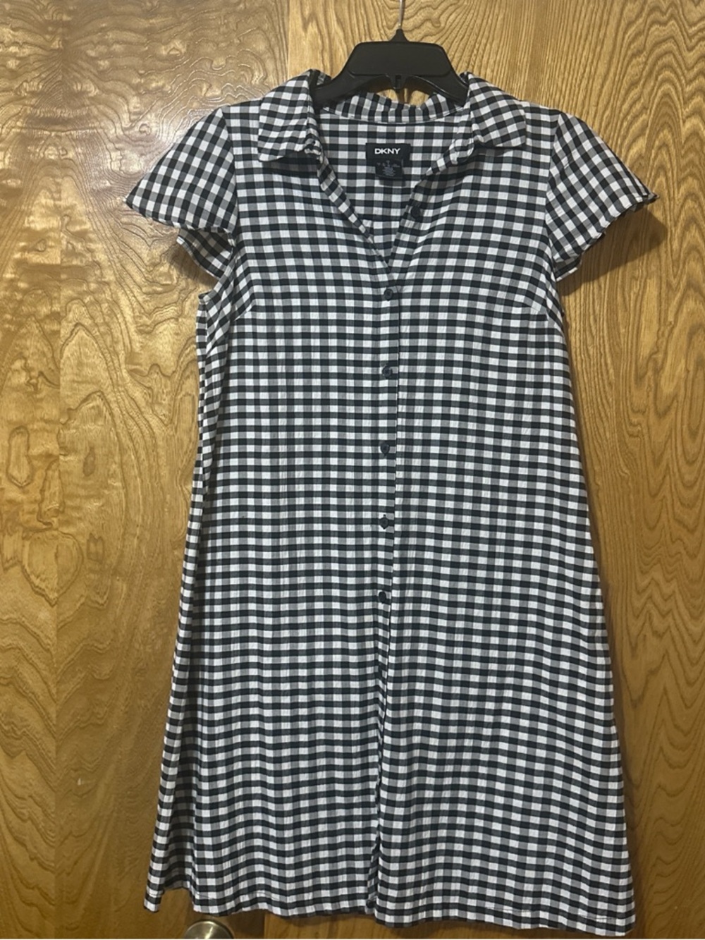 DKNY Black and White Gingham Midi Shirt Dress
